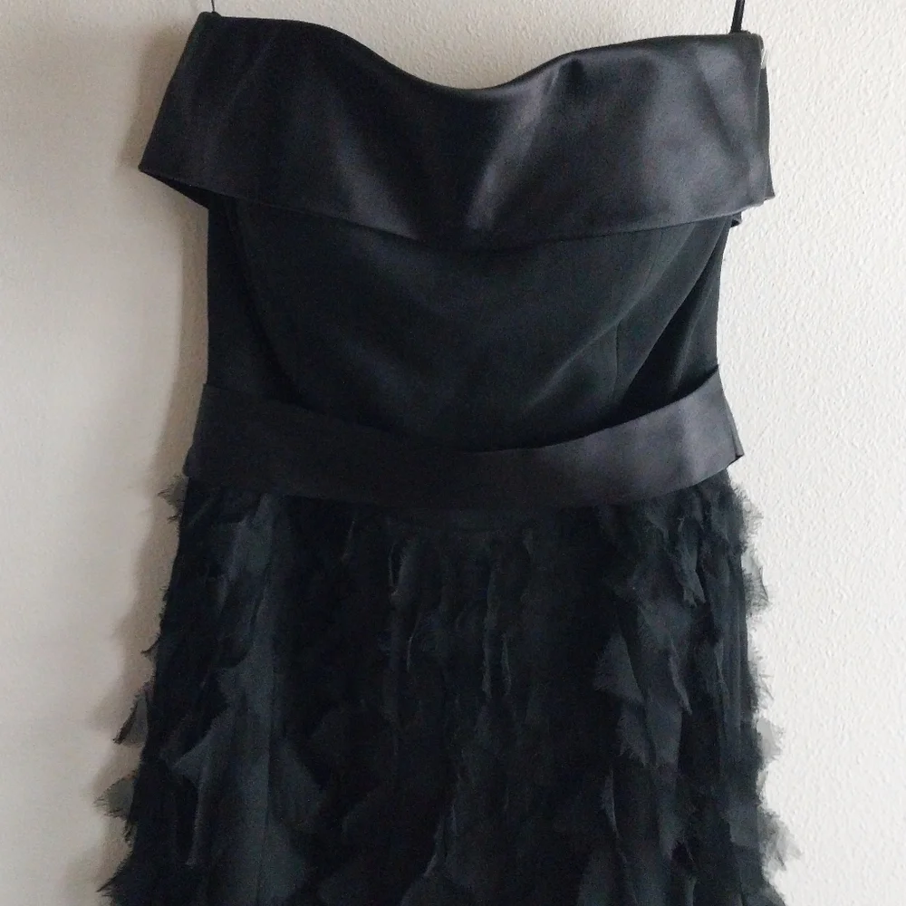 White House Black Market Black 100% Silk Strapless Tiered Ruffled Midi Dress